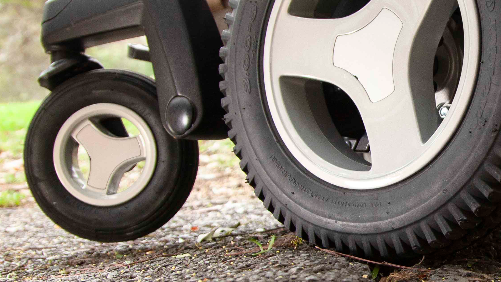 Close up of drive wheel on power wheelchair